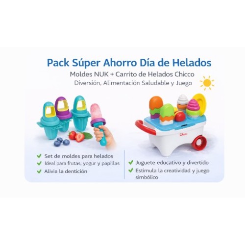 Pack Súper Ahorro Día de Helados – Moldes NUK + Carrito de Helados Chicco | Diversión, Alimentación Saludable y Juego