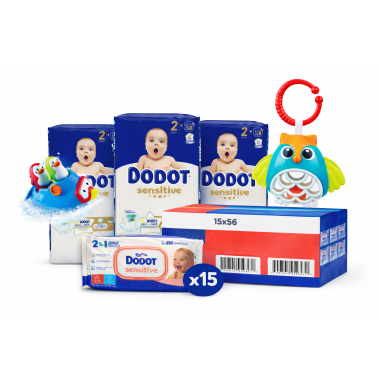 Pack Pañales Dodot Sensitive Talla 2 (3x58) + Toallitas 15x56 + Juguetes Bebé Ahorro