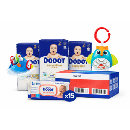 Pack Pañales Dodot Sensitive Talla 2 (3x58) + Toallitas 15x56 + Juguetes Bebé Ahorro