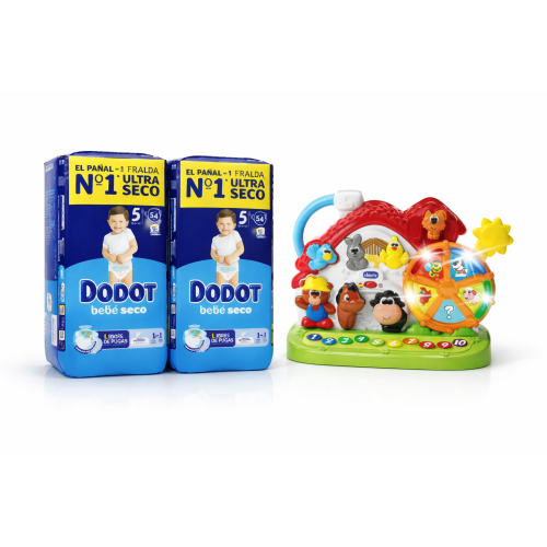 Pack Súper Ahorro Dodot Talla 5 (2x58) + Granja Bilingüe Chicco Juguete Interactivo