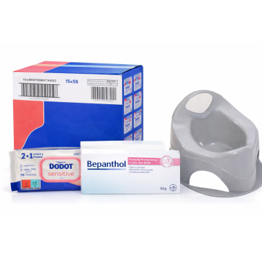 Toallitas Dodot Sensitive 15x56 (840 Unidades) + Bepanthol Pomada 50g + Orinal Infantil Tigex – Pack Cuidado Bebé Completo