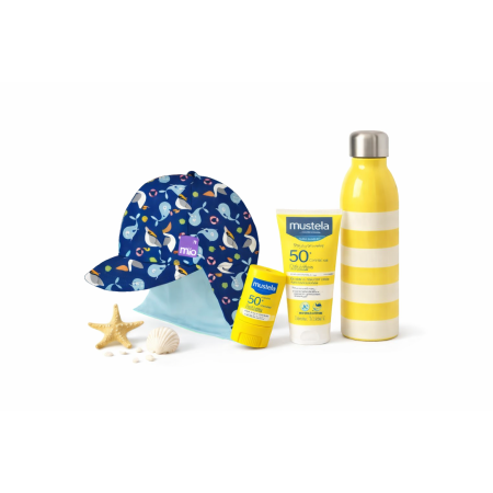 Pack Súper Ahorro solares Mustela + gorro Bambino Mio hasta 12 meses con protección solar bebé