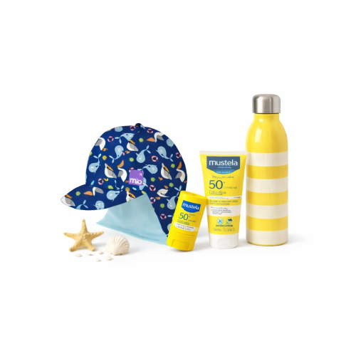 Pack Súper Ahorro solares Mustela + gorro Bambino Mio hasta 12 meses con protección solar bebé