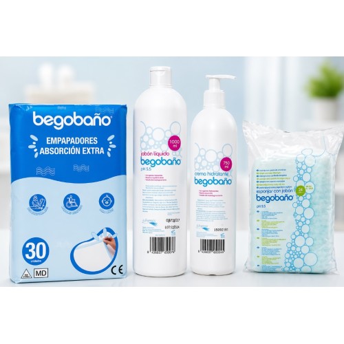 Pack Súper Ahorro Begobaño | Empapadores 60x90 + Jabón pH 5.5 + Crema Hidratante + Esponjas con Jabón