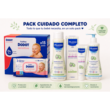 pack bebé dodot sensitive 15x56 toallitas mustela gel 500 ml champú 200 ml crema 100 ml cuidado completo