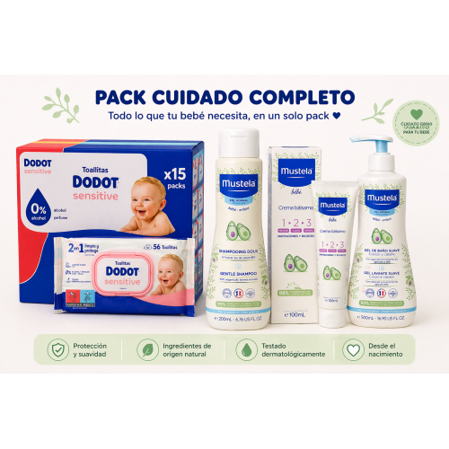 pack bebé dodot sensitive 15x56 toallitas mustela gel 500 ml champú 200 ml crema 100 ml cuidado completo