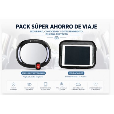 Pack Súper Ahorro de Viaje Olmitos | Espejo retrovisor LED + Funda Tablet Coche Bebé