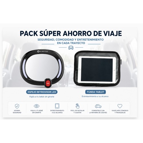 Pack Súper Ahorro de Viaje Olmitos | Espejo retrovisor LED + Funda Tablet Coche Bebé