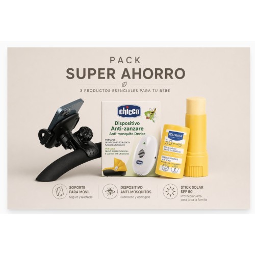 Pack Paseo Bebé Chicco + Mustela + Olmitos | Antimosquitos, Protector Solar SPF50+ y Soporte Móvil