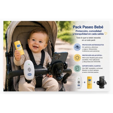 Pack Paseo Bebé Chicco + Mustela + Olmitos | Antimosquitos, Protector Solar SPF50+ y Soporte Móvil