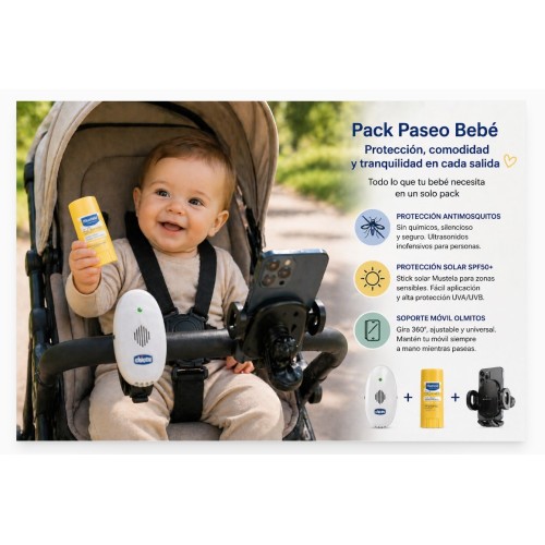 Pack Paseo Bebé Chicco + Mustela + Olmitos | Antimosquitos, Protector Solar SPF50+ y Soporte Móvil
