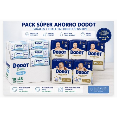 Dodot Sensitive Pack Ahorro Bebé: Pañales T1 (116) + T2 (174) + Toallitas Aqua Pure 864 uds, suavidad y anti fugas