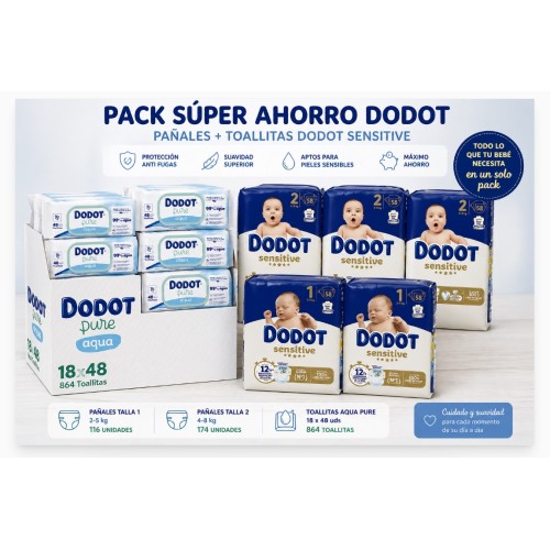 Dodot Sensitive Pack Ahorro Bebé: Pañales T1 (116) + T2 (174) + Toallitas Aqua Pure 864 uds, suavidad y anti fugas