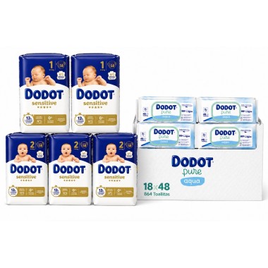 Pack ahorro Dodot: pañales Sensitive talla 1 y 2 + toallitas Aqua Pure 864 uds. Ahorra más sin renunciar al mejor cuidado.