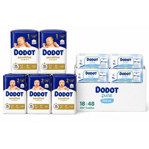 Pack ahorro Dodot: pañales Sensitive talla 1 y 2 + toallitas Aqua Pure 864 uds. Ahorra más sin renunciar al mejor cuidado.