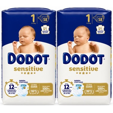 Pañales Dodot Sensitive talla 1 (2-5 kg) con máxima suavidad y protección anti fugas para recién nacidos.