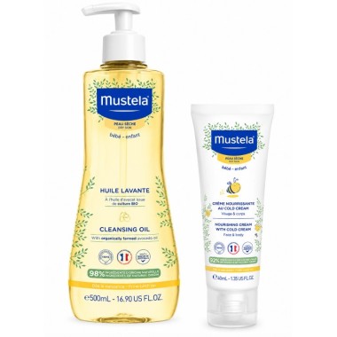 Aceite de baño y ducha 500ml + crema facial 40ml para una hidratación intensa y protección diaria de la piel sensible del bebé.