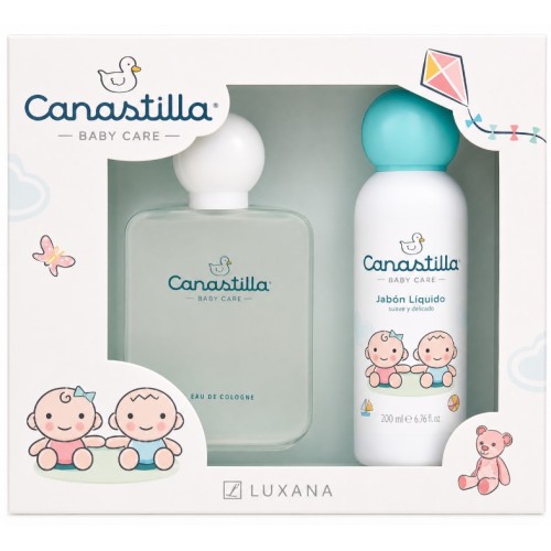 Incluye colonia y jabón líquido suave para el cuidado diario del bebé.  Ideal para regalo de nacimiento o canastilla.