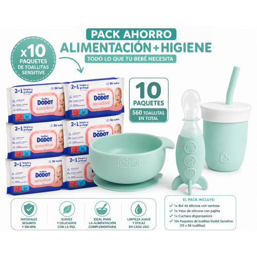 Pack Ahorro Alimentación + Higiene Bebé | Silicona Chicco + 10 Packs Dodot Sensitive
