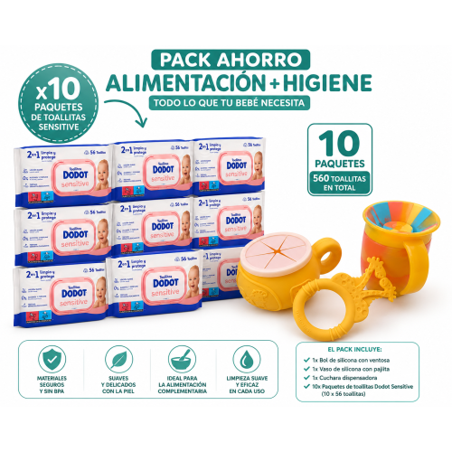 Pack Súper Ahorro Bebé | Alimentación, Dentición e Higiene con 10 Packs Dodot Sensitive