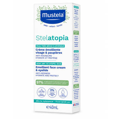 Mustela Stelatopia Crema Emoliente Facial 40 ml | Hidratación y alivio para piel atópica del bebé
