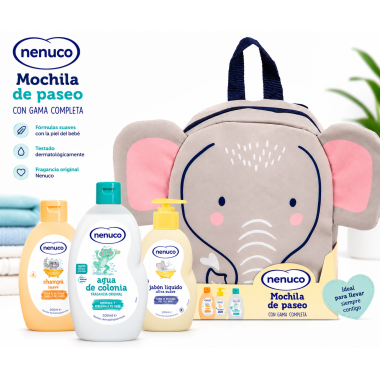 Mochila Elefante Nenuco con Productos de Higiene Bebé | Pack completo para el cuidado diario del bebé