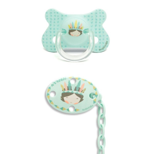 Chupete y broche indios azul 4-18 meses anatómico silicona. Suavinex