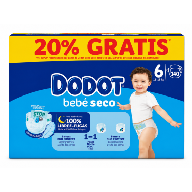 Dodot Bebé Seco Talla 6 XXL 140 Pañales | Protección Antifugas para Bebés de 13-18 kg