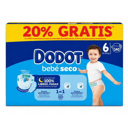 Dodot Bebé Seco Talla 6 XXL 140 Pañales | Protección Antifugas para Bebés de 13-18 kg