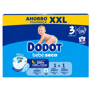 Dodot Bebé Seco Talla 3 XXL 176 Pañales | Protección Antifugas y Hasta 100% Libre de Fugas