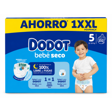 Dodot Bebé Seco Talla 5 XXL 152 Pañales | Máxima Protección y Noche Hasta 100% Libre de Fugas