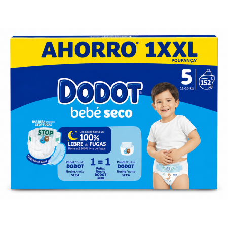 Dodot Bebé Seco Talla 5 XXL 152 Pañales | Máxima Protección y Noche Hasta 100% Libre de Fugas