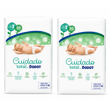 Pack 2 Dodot Cuidado Total Talla 1 50 Pañales | Doble Protección Suave para Recién Nacidos
