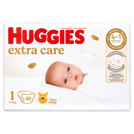 Huggies Extra Care Talla 1 (2-5 kg) 40 Pañales – Máxima Protección y Suavidad para Recién Nacidos