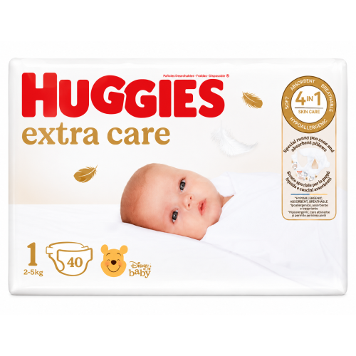Huggies Extra Care Talla 1 (2-5 kg) 40 Pañales – Máxima Protección y Suavidad para Recién Nacidos