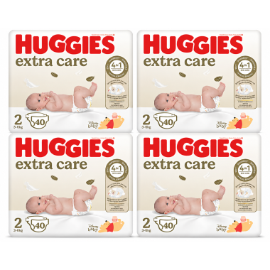 Huggies Extra Care Talla 2 (3-6 kg) Pack Ahorro 160 Pañales (4x40) | Suavidad y protección para la piel delicada del bebé