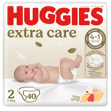 Huggies Extra Care Talla 2 (3-6 kg) 40 Pañales | Suavidad y protección para la piel delicada del bebé