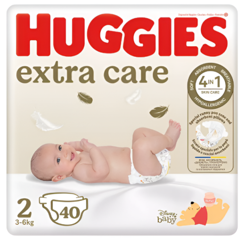 Huggies Extra Care Talla 2 (3-6 kg) 40 Pañales | Suavidad y protección para la piel delicada del bebé