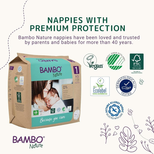 Bambo Nature Talla 1 Ecológicos (2-4 kg) Pack Ahorro 44 Pañales (2x22) – Ultrasuaves para Recién Nacidos
