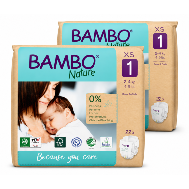 Pack Ahorro Bambo Nature Talla 1 XS Ecológicos 44 Pañales (2x22) | Suavidad Natural para Recién Nacidos