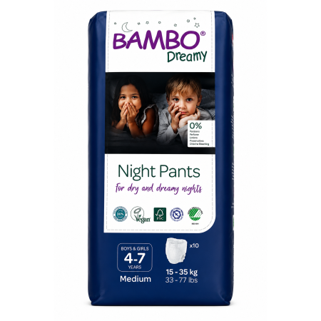Bambo Dreamy Night Pants Unisex Medium 4-7 Años 15-35 kg 10 Uds | Protección Nocturna Ecológica y Máxima Comodidad