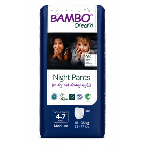 Bambo Dreamy Night Pants Unisex Medium 4-7 Años 15-35 kg 10 Uds | Protección Nocturna Ecológica y Máxima Comodidad