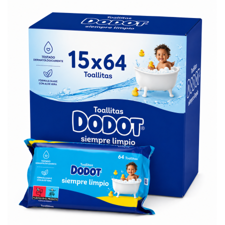 Dodot Siempre Limpio 15x64 Toallitas | Pack Ahorro Dermatológicamente Testado para la Limpieza Diaria del Bebé