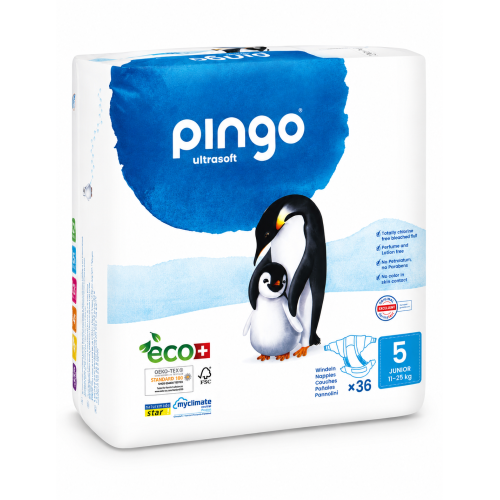 Pingo Ultrasoft Talla 5 (11-25 kg) 36 Pañales | Máxima suavidad ecológica y protección natural para la piel del bebé