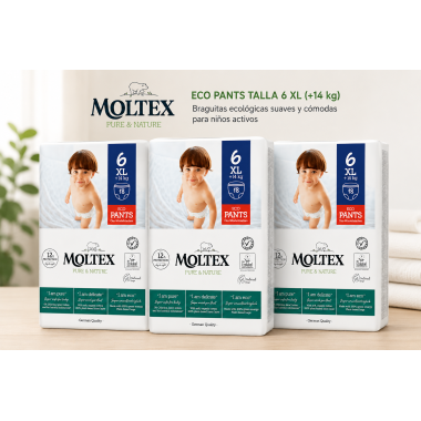Pack 3 Moltex Pure & Nature Eco Pants Talla 6 XL (+14 kg) | Braguitas ecológicas suaves y cómodas para niños activos