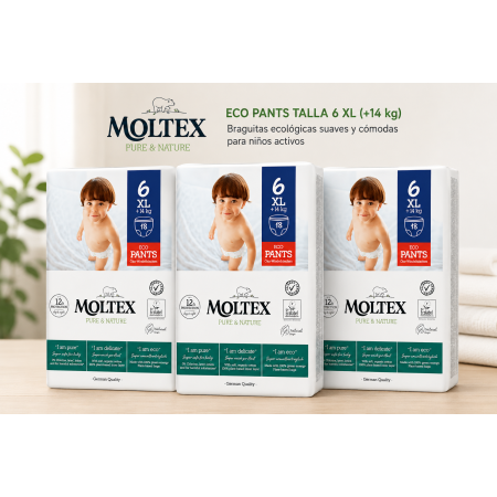 Pack 3 Moltex Pure & Nature Eco Pants Talla 6 XL (+14 kg) | Braguitas ecológicas suaves y cómodas para niños activos