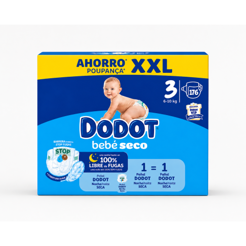 Dodot Bebé Seco Talla 3 (6-10 kg) Pack Ahorro XXL 176 Pañales | Máxima absorción y protección antifugas día y noche