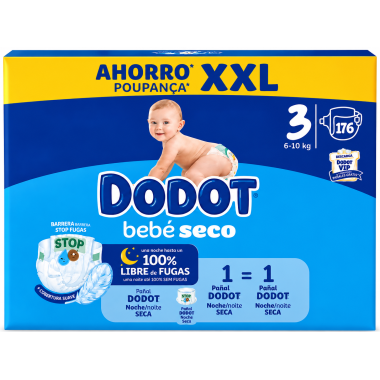 Dodot Bebé Seco Talla 3 (6-10 kg) Pack Ahorro XXL 176 Pañales | Máxima absorción y protección antifugas día y noche