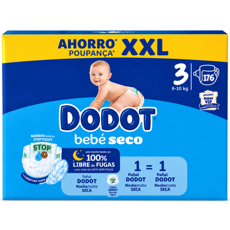 Dodot Bebé Seco Talla 3 (6-10 kg) Pack Ahorro XXL 176 Pañales | Máxima absorción y protección antifugas día y noche