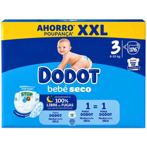 Dodot Bebé Seco Talla 3 (6-10 kg) Pack Ahorro XXL 176 Pañales | Máxima absorción y protección antifugas día y noche